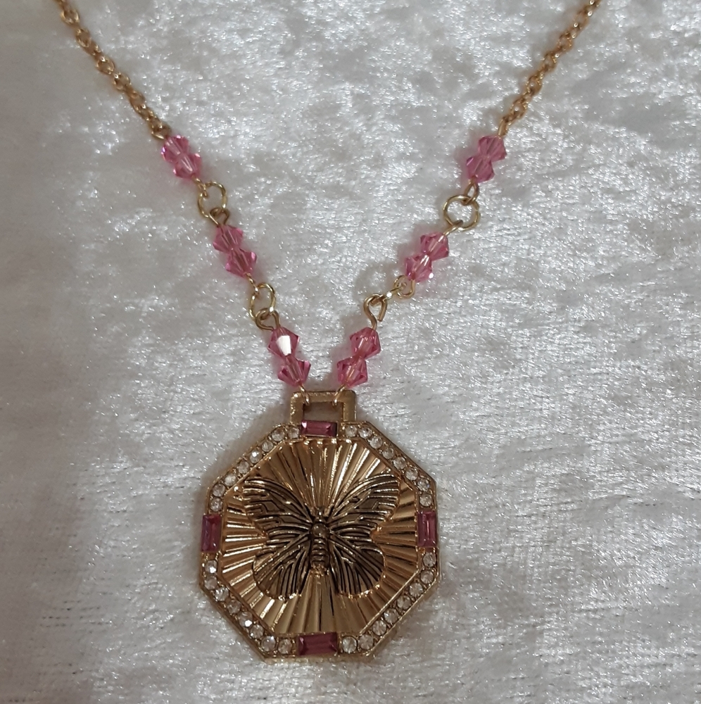 Handmade Butterfly Necklace Pink Preciosa Crystals  Chain 23" long
